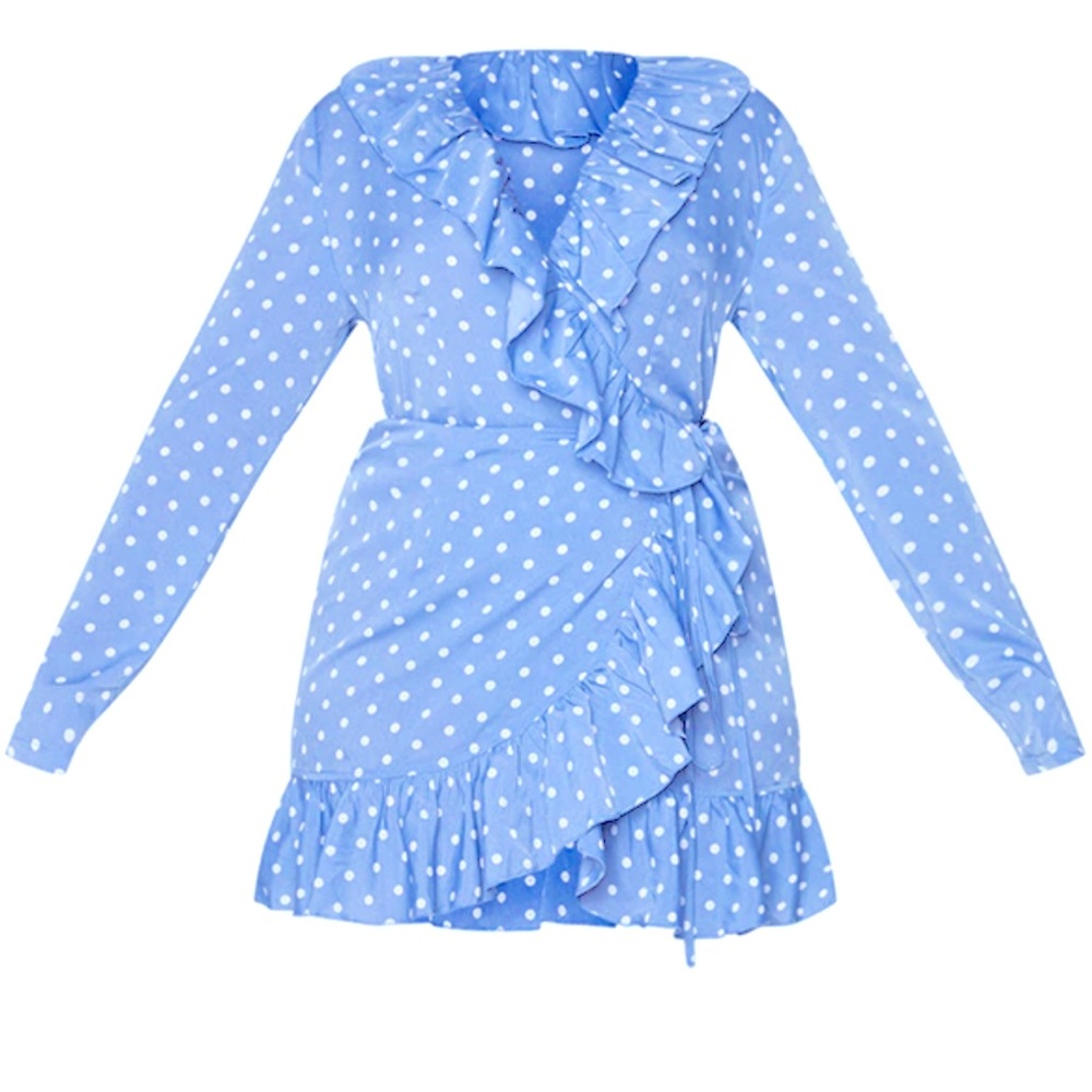 Pretty little thing Plus Dusty Blue Polka Dot Frill Detail Mini Wrap Dress